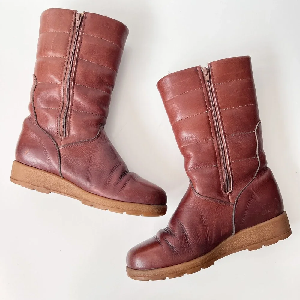 Blondo Leather Winter Boots Brown Quilted Faux Fur Lined Mid Calf Boho 70s Style